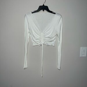 Elegant White Ruched White long sleeve crop top with adjustable front V neck Med